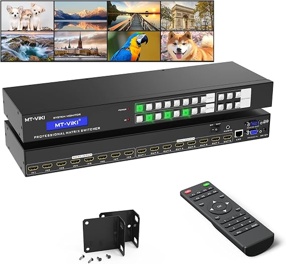 MT-VIKI 4K HDMI Matrix Switch 8X8 Support Web GUI w/IR Remote, 3.5mm Stereo Audio, Rack Mount Switcher & Splitter, 4K@30Hz, EDID, RS232, LAN Port