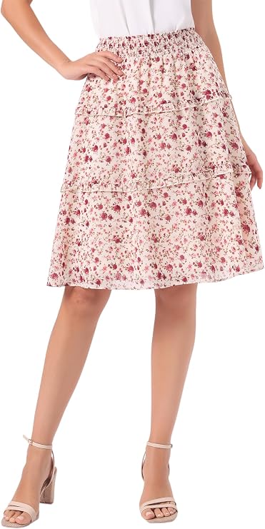 Allegra K Womens Floral Chiffon Skirts Elastic Waist Boho A-Line Midi Skirt