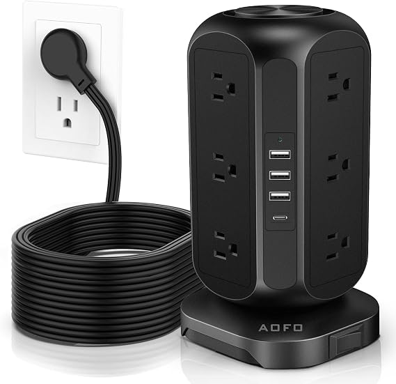 Long Extension Cord 15 ft Power Strip Tower, Power Strip 12 AC Outlets 4 USB(1 USB C) Ports, Charging Tower Overload Protection with Multiple Outlets for Home Office