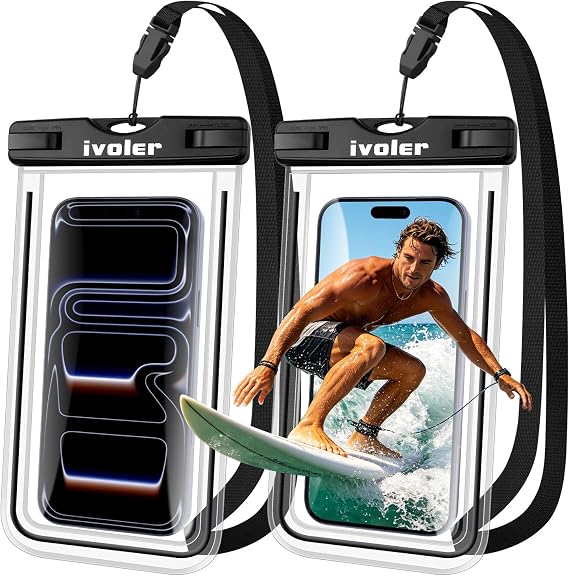 ivoler 2-Pack Waterproof Phone Pouch, Cell Phone Dry Bag for iPhone 17/16/15 Pro Max, Samsung S26/S25 Ultra, Waterproof Phone Case for Beach, Cruise Essentials & Travel, [Fit Up to 7''], Black+Black