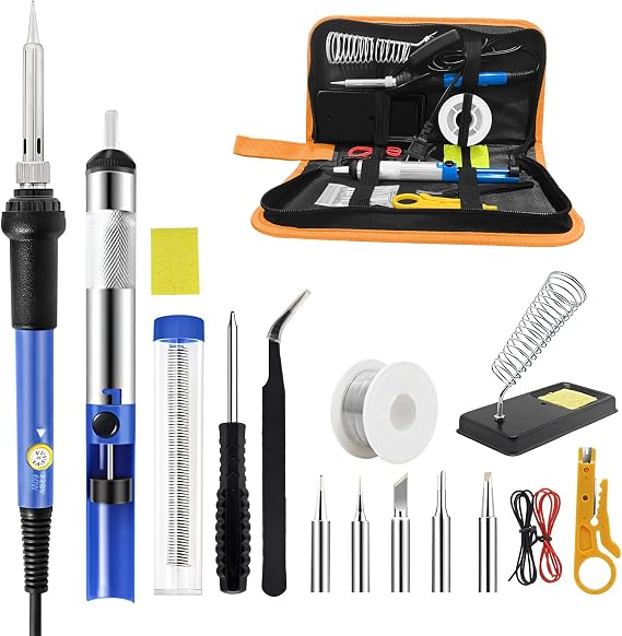 Soldering Iron Kit, 60W Adjustable Temperature 200-450°C Soldering Iron Kit Welding Tool with 5 Soldering Tips, Desoldering Pump, Tin Wire Tube, Stand, Tweezers, for Beginners, Welders, Enthusiasts