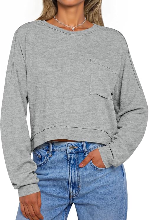 Tankaneo Womens Cropped Long Sleeve Shirts Boxy Tops Loose Fit Tees T-Shirt