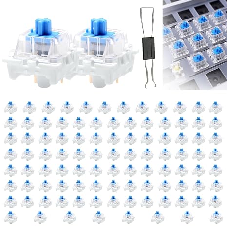 100 Mechanical Keyboard Switches, Blue Keyboard Switch Keys Clicky Keyboards Clicker Set with 3-Pin Dustproof Mount & Key Puller for DIY Gaming Typing Keyboards Kits