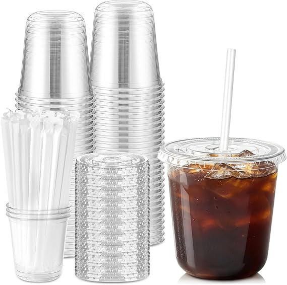 50 Sets - 12 oz Clear Plastic Coffee Cups with Lids and Straws
