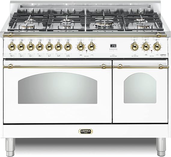 Lofra 48 inch Dolcevita Series Freestanding Dual Fuel Range with 7 Sealed Brass Burners, 4.27 cu. ft. Total Oven Capacity, True European Convection, Brass Trim in White