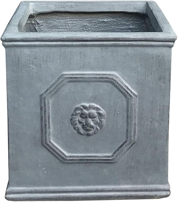 Kante Square Lion Head Concrete Planter, Classic English Style Plant Pot with Drainage Hole and Rubber Plug for Indoor Outdoor Garden Patio Home, 12.6"x12.6"x12.6" Gravel Gray