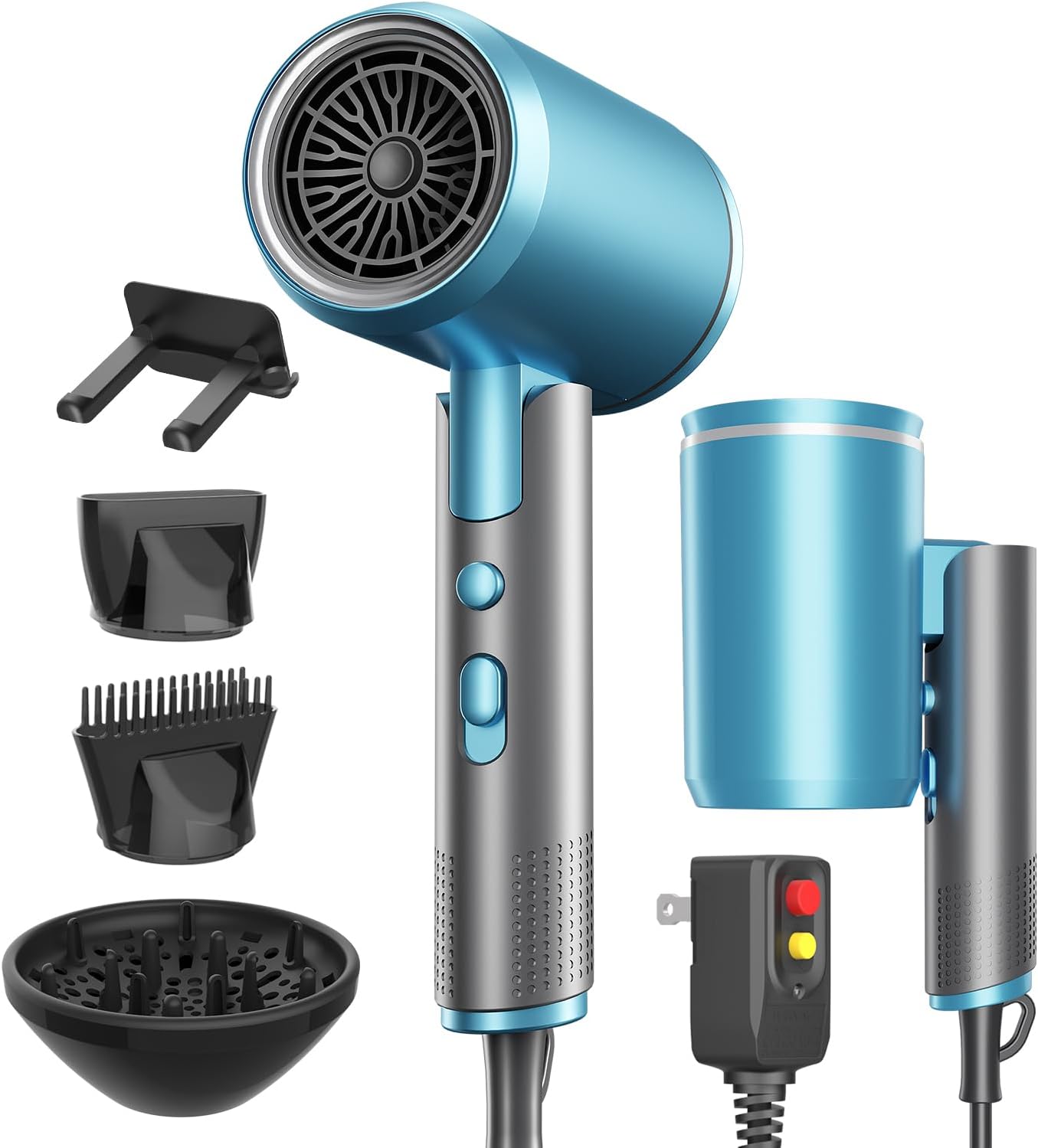 Portable Ionic Hair Dryer, Foldable Handle Hair Dryer,1600W Blow Dryer with DiffuserConcentratorComb Nozzle,Intelligent Temperature Control,Low Noise for HomeSalonTravel BlueGrey