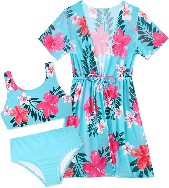 Enlifety 5-12T Girls Swimsuit 3 Piece Bikini Bathing Suit with Cover Up
