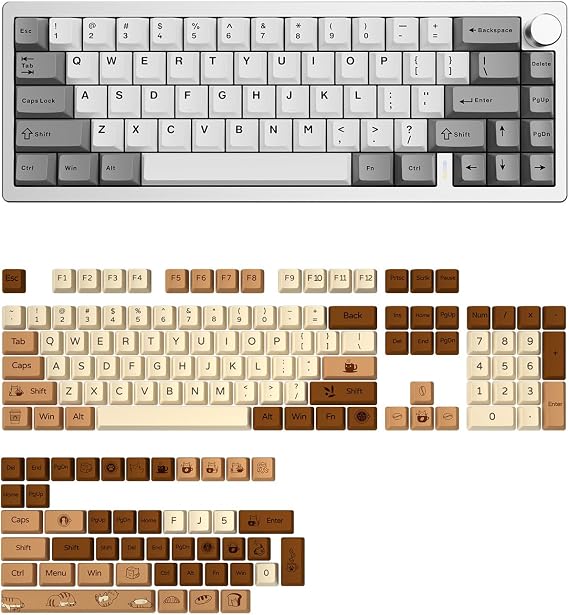 YUNZII AL68 Wireless Mechanical Keyboard (Silver, Cocoa Cream V2), Coffee Cat Dye Sub PBT Keycaps(Cherry Profile, Coffee Cat)