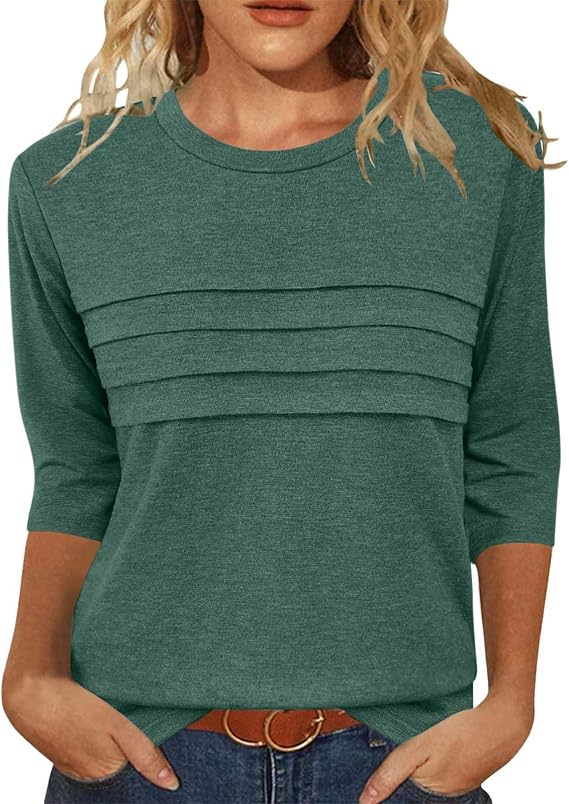 3/4 Sleeve T Shirts for Women Round Neck Casual Tunic Tops Dressy Pleated Shirts Loose Solid Color T-Shirts