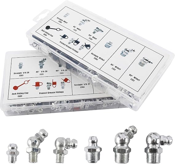 Toolly Grease Fittings Kit, 240PCS SAE & Metric Grease Fitting Assortment, NPT 1/4" 1/8" M6 M8 Straight 45 90 Degree Zinc-Plated Steel Grease Zerk Fittings with Caps for Grease Gun