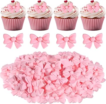 Bewudy 50Pcs Pink Bow Cupcake Toppers, Bowknot Cake Decorations Birthday Decorations for Theme Parties Bridal Engagement Wedding Baby Showers Birthday Party (Not Edible)