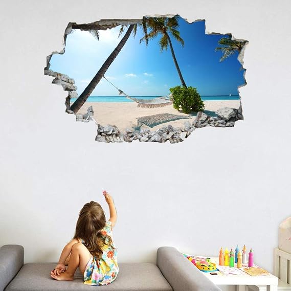 Beach 3D Wall Decal | Palm Trees Art Vinyl Decor Sticker | Landscape Removable | Peel and Stick | Cracked Border Girls Boys Bedroom Nursery Room Decor 30"W x 20"H