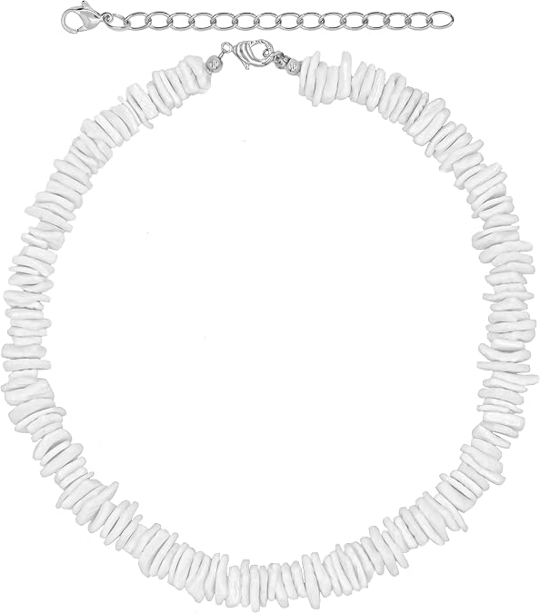 Fablinks White Puka Shell Necklace, Hawaiian Seashell Necklace for Men, VSCO Girl Beach Necklaces for Women, Beachy Beaded Summer Pooka Choker, Heishi Clam Chips Surfer Jewelry
