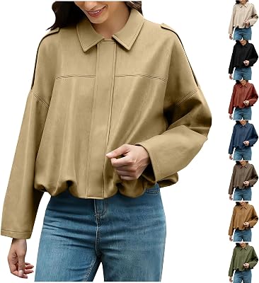 Womens Faux Suede Bomber Jackets Oversized Cropped Zip Up Lapel Pilot Coat Fall Trendy Streetwear Outerwears