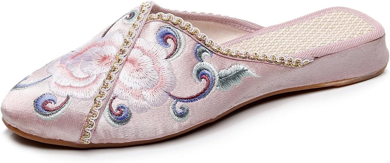 2024 Summer Chinese Ancient Style Flower Embroidered Flat Mules Ethnic Style Pointed Toe Satin Casual Slippers Comfort Soft Non-Slip Shoes for Women