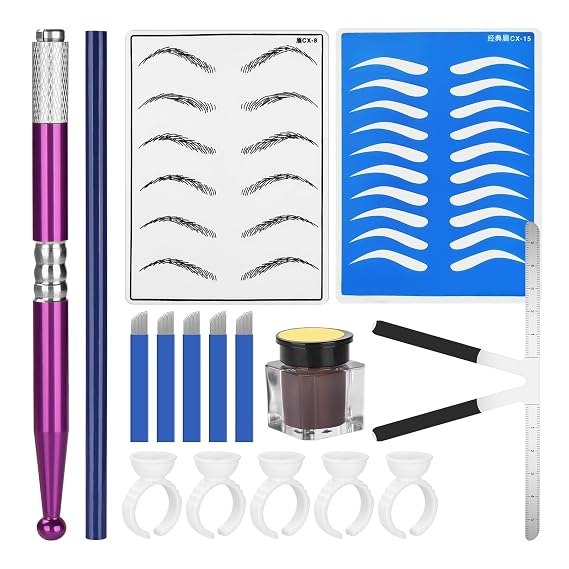 Eyebrow Microblading kit, Atomus Eyebrow Micro Needling Pen Set with Pigment Ink Cups Holder 14pin Blades Plastic Wraps Practice Skin Pencil for Eyebrow Tattoo Permanent Makeup (#01)