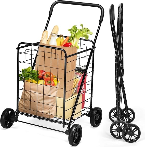 Goplus Shopping Carts for Groceries, Heavy Duty Folding Shopping Cart with Wheels, Portable Collapsible Grocery Cart, Light Weight Foldable Utility Cart for Laundry