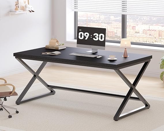 IBF Black Desk, Modern Computer Desk for Writing Study, Industrial Simple Home Office Work Desk in Bedroom, Wood Metal Pc Gaming Laptop Workstation Executive Computer Table, Black Oak, 152CM