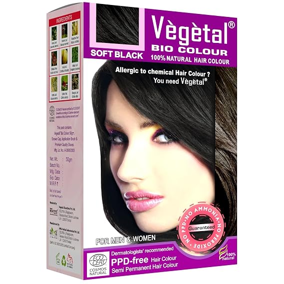 Vegetal Bio Hair Color - Soft Black 50g | Hypoallergenic Hair Color | Ammonia-Free, PPD-Free hair dye | Semi-Permanent Dye for Men and Women | Protects UV and Maintains Luster | Complete Kit Included