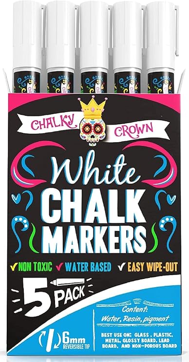 CHALKY CROWN White Liquid Chalk Markers - White - 5 Pack, 6mm Tip