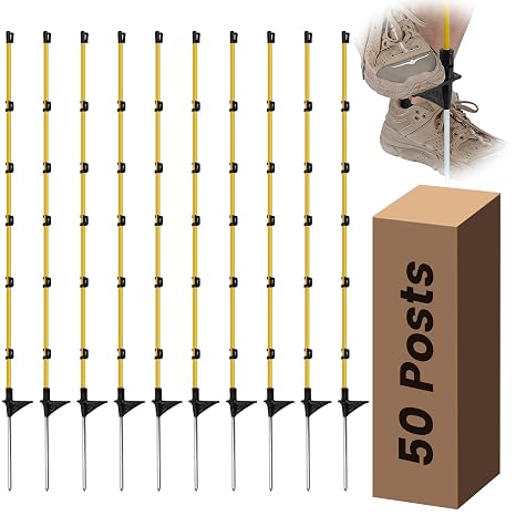 50 PCS Electric Fence Posts, 3/8" x 50" Step in Fence Post | 6 Wire Clips, Metal Ground Spikes, Easy Step-in Fiberglass Fence Posts for Temporary Electric Fencing, Farm Livestock, Garden