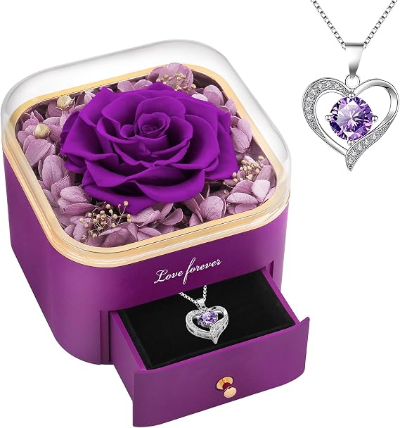 Beferr Birthday Gifts for Women Preserved Real Rose with Necklace Eternal Purple Roses Forever Flowers for Delivery Anniversary Mothers Day Flower Gifts for Mom Wife Grandma Daughter Her Girlfriend