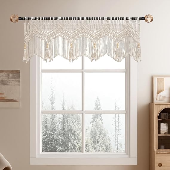 Macrame Valances for Windows, Boho Kitchen Macrame Curtains | Window Valance Curtains for Kitchen, Bathroom or Cafe and Boho Decor Wall Hanging, Bohemian Home Decor, 1 Panel 52"W x 21"L