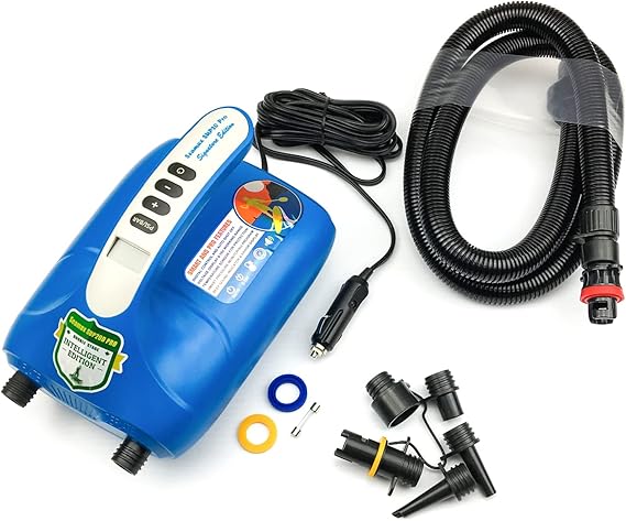 Marine SUP20D Electric Air Pump for Inflatable Paddle Board, Max 20 PSI, Additional Fittings Included, Pro Edition Built in Temperature Sensor and Voltage Meter Support Inflation and Deflation