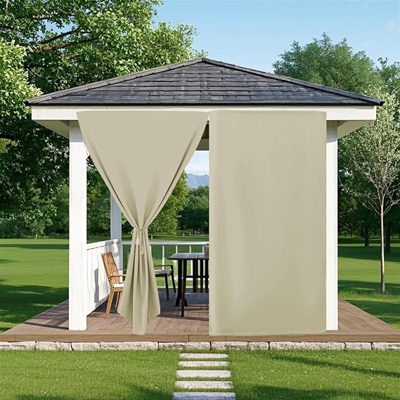SK Studio Outdoor Curtains for Patio Waterproof, 1 Panel Hook and Loop Top Sun Blocking Shades with Rope Windproof Outside Curtain for Gazebo, Porch, Pergola, Cabana, Beige, 52" W x 84" L