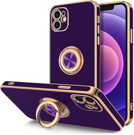 Hython Case for iPhone 12 Case with Ring Stand [360 Rotatable Ring Holder Magnetic Kickstand] [Soft Microfiber Lining] Plating Rose Gold Edge Shockproof Protective Phone Cases Cover, Dark Purple