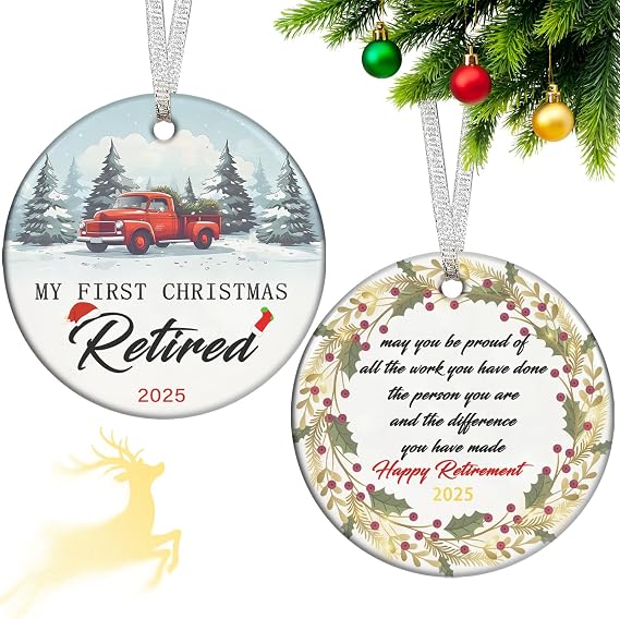 Christmas Retirement Gifts for Women Men 2025, Double Side Xmas Hanging Decorations Happy Retirement Ornament Ceramic 3" with Gift Box Inspirational Gift for Retired Coworker Teachers Friends Parents