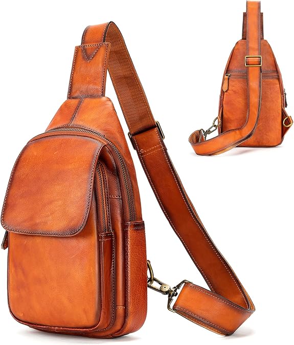 NIUCUNZH Genuine Leather Sling Bag, Handmade Vintage Crossbody Shoulder Bags Small Travel Pack for Women and Men