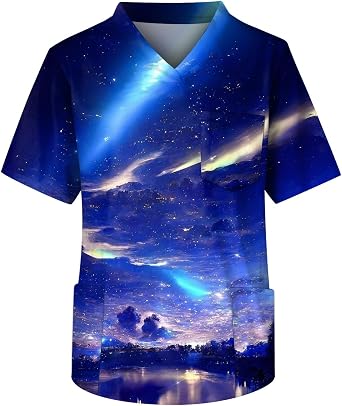 Men's Scrubs Tops Graphic Plus Size Short Sleeve V-Ncek Printed Working Nurse Unifrom with Pocket