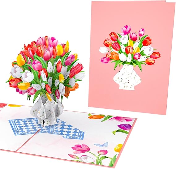 PopLife Colorful Tulip Bouquet 3D Pop Up Card - Handmade Greeting Card for Mother's Day, Anniversary, Valentines, Birthday, Easter - Gift for Mom, Wife, Grandma, Sis, Daughter, Aunt, Mother-In-Law
