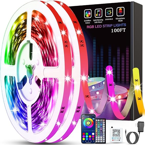 Led Lights 100 ft (2 Rolls 50 ft) Music Synchronization Color Changing Strip Lights Remote and Application Controlled RGB Strip for Room Home Party Decoration