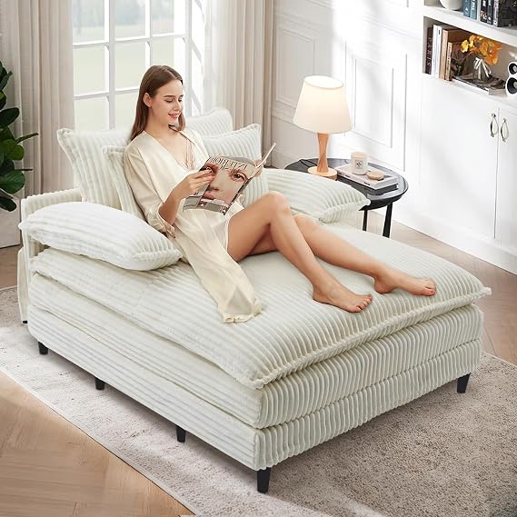 54.75" Oversized Chaise Lounge Chair Indoor, Comfy Corduroy Sleeper Couch with 3 Pillows for Living Room Bedroom, Upholstered Single Sofa Recliner Bed Reading Armchair with Adjustable Backrest