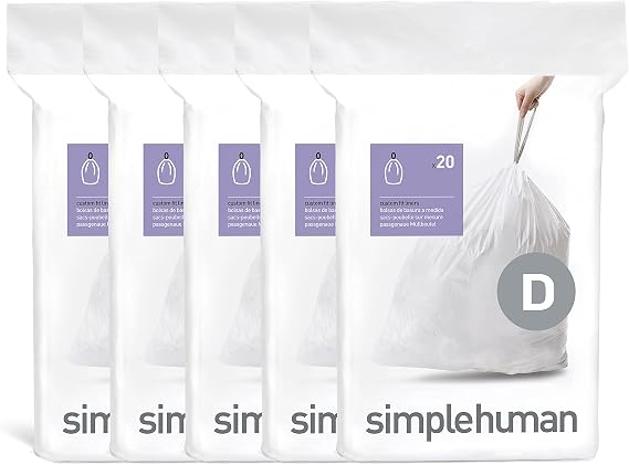 simplehuman Code D 100 Count Custom Fit Liners, Drawstring Kitchen Trash Bags, One-by-One Mess-Free Dispense, Extra Thick & Double Seamed, 50% PCR Plastic, 20 Liter / 5.3 Gallon, White