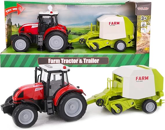 Toyland 37cm Red Tractor & Trailer with Lights & Sound - Childrens Farm Toys (Tractor & Baler)