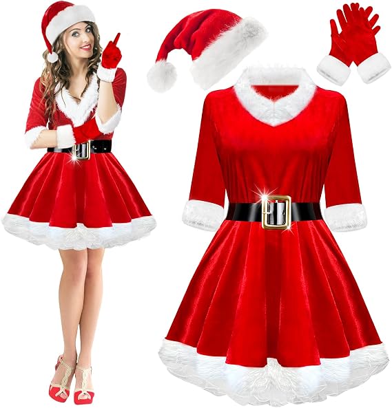 Mrs. Claus Costumes for Women 4PCS Santa Claus Costume Women Velvet Santa Dress Hat Gloves for Christmas Party