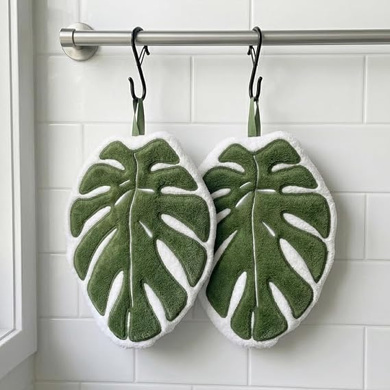 Sisher Coral Hanging Hand Towel with Loop, 2 Pack Green Leaf Hand Towel
