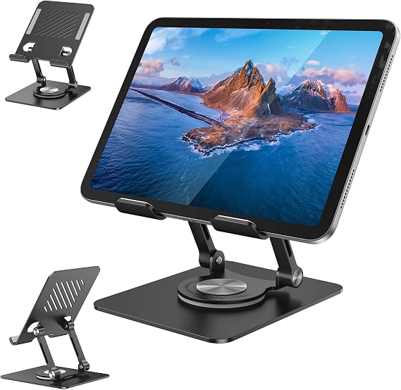 Tablet Stand for iPad, Aluminum iPad Stand for Desk | 360 Rotating, Compatible with 4.7-12.9" iPad, Foldable, for Tablet, Kindle, Galaxy Tab, Black