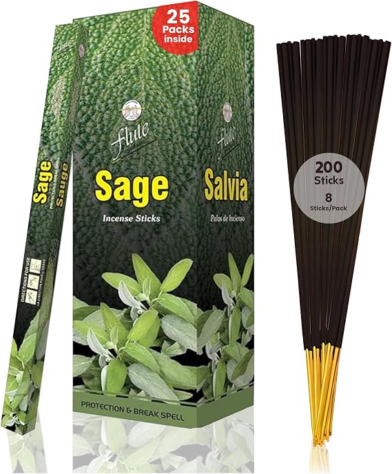 Flute Sage Incense Sticks Herbal Sage Premium Incense for Relaxation, Meditation & Mindful Living 8 Sticks/Pack, 25 Packs/Box (9 Inch, 200 Sticks) | 40 Minutes Burn Time