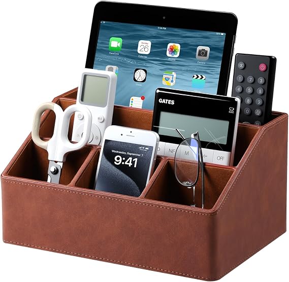 Desk Organizer Caddy Nightstand Organizer Desk Caddy Remote Holder | PU Leather, 5 Compartments, Soft Velvet Lining, Large Storage Capacity