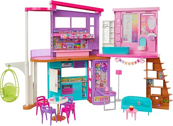 Barbie Vacation House Dollhouse Playset and Accessories | 2 Level Dollhouse, 6 Rooms, Elevator, Swing, Includes 30+ Accessories, Ages 3+, HCD50