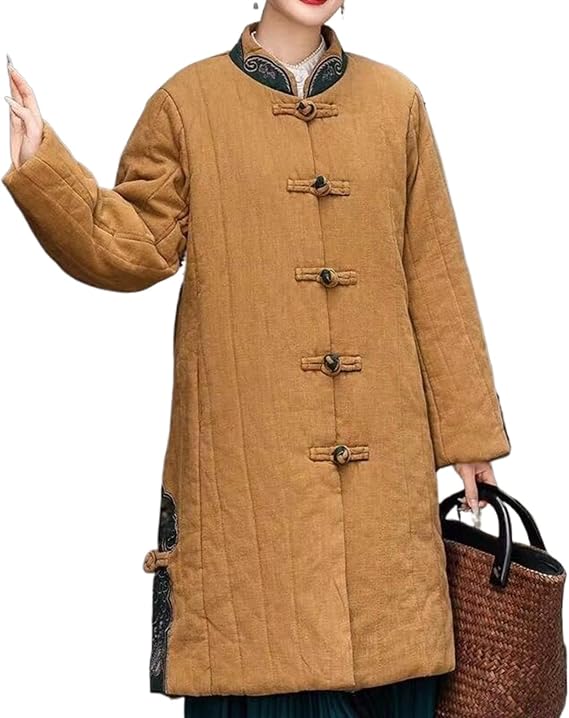 Winter Linen Chinese Style Cotton Coat Embroidered Stand Collar Chinese Style Womens Thickened Outerwear