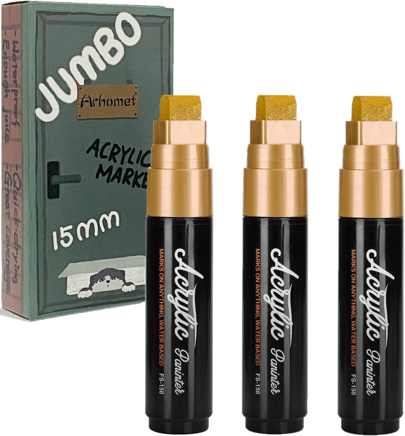 3PCS Gold Jumbo Arcylic Markers Paint Pen, 15mm Thick Wide Tip Water Based Permanent Ink Paint Pens for Graffiti, Rock Painting, Glass, Stone, Wood, Sign, Canvas, Metal for Artists and Adults
