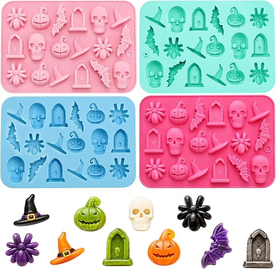 Halloween Chocolate Molds, 4Pcs Halloween Silicone Candy Molds for Baking, Skull Pumpkin Bat Ghost Witch Hat Spider Tombstone Shapes Baking Moulds for Handmade Chocolate Candy Ice Cube Jello Soap