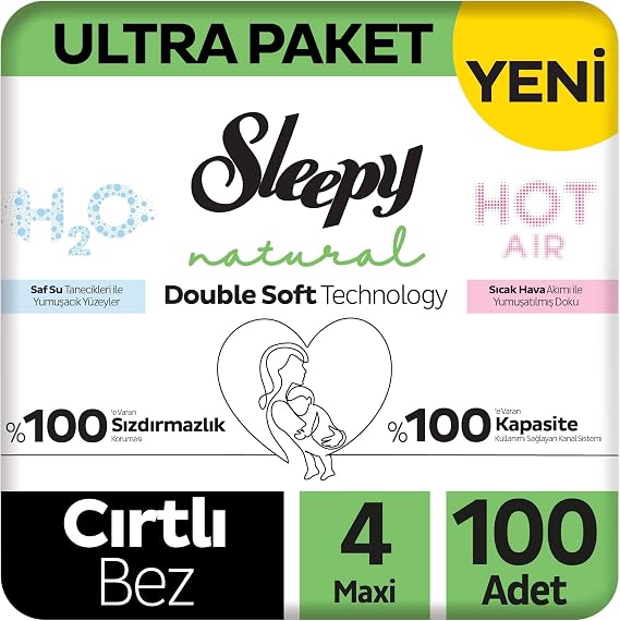 Sleepy Natural Double Soft Ultra Paket Bebek Bezi 4 Numara Maxi 100 Adet
