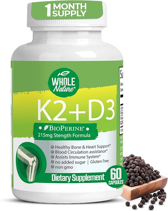 Vitamin K2 D3 Supplement with BioPerine - 5000 IU D3 + K2 MK-7 for Bone & Heart Support - 60 Vegan Capsules